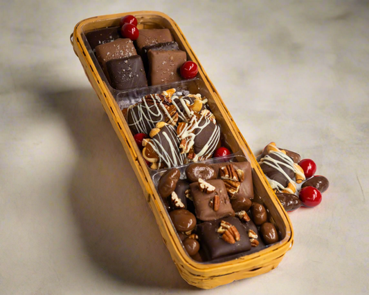 Three compartment wicker basket filled with our favorites!