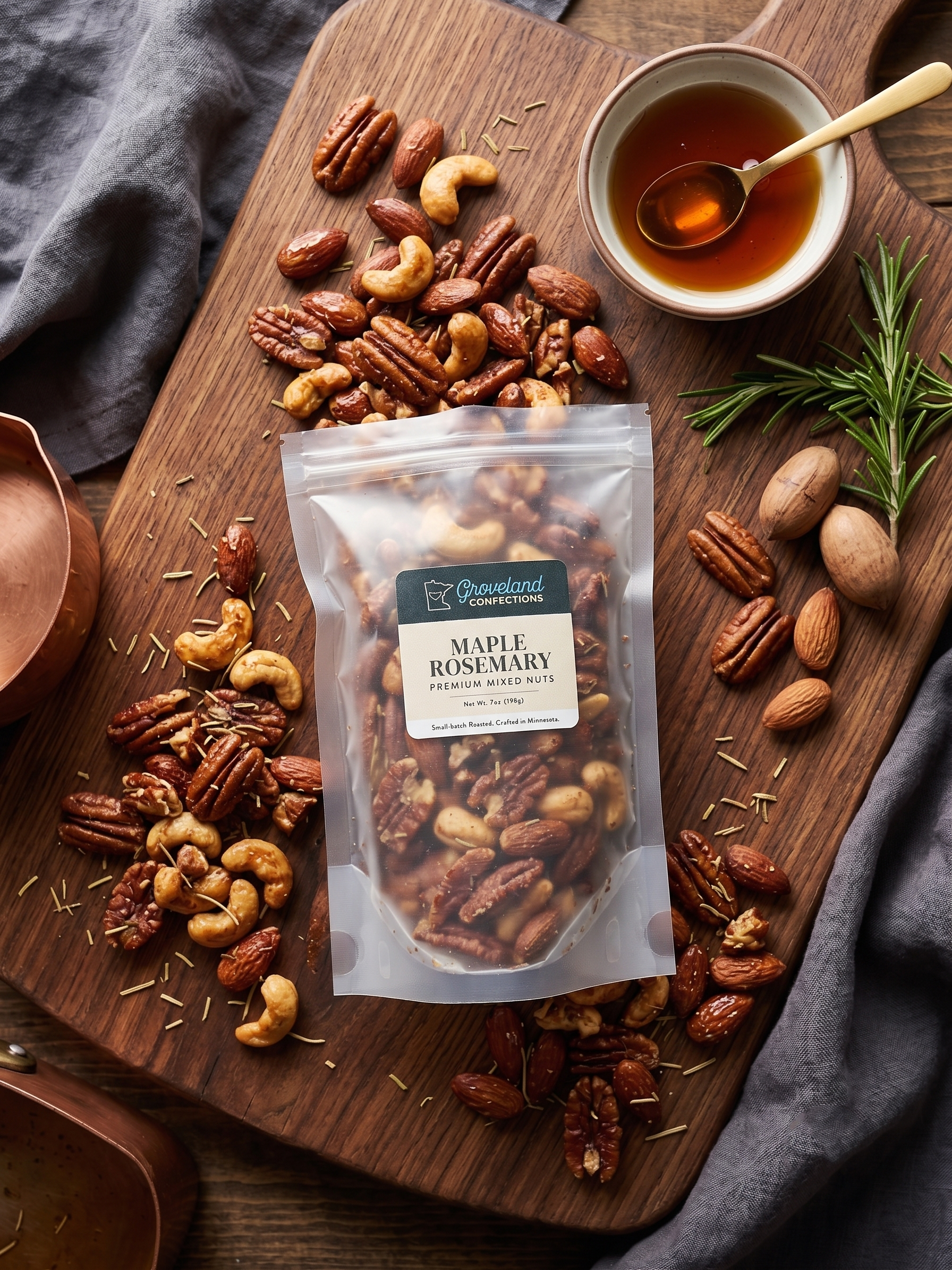 Overhead view of a 7 oz bag of Groveland Confections Maple Rosemary mixed nuts on a walnut board, surrounded by roasted pecans, almonds, and cashews with a bowl of maple syrup and fresh rosemary.