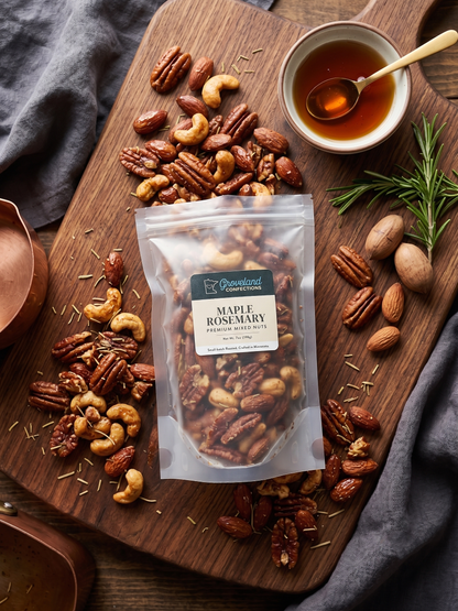 Overhead view of a 7 oz bag of Groveland Confections Maple Rosemary mixed nuts on a walnut board, surrounded by roasted pecans, almonds, and cashews with a bowl of maple syrup and fresh rosemary.