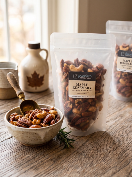 Two 7 oz bags of Groveland Confections Maple Rosemary premium mixed nuts on a rustic wood table beside a bowl of the nuts, a brass scoop, a maple syrup jug, and a sprig of rosemary.